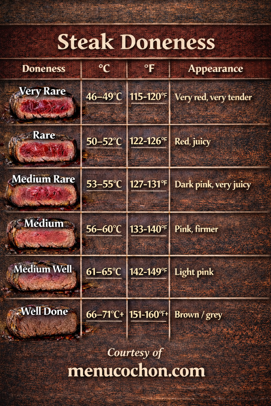 Steak cooking chart - temperatures and doneness levels