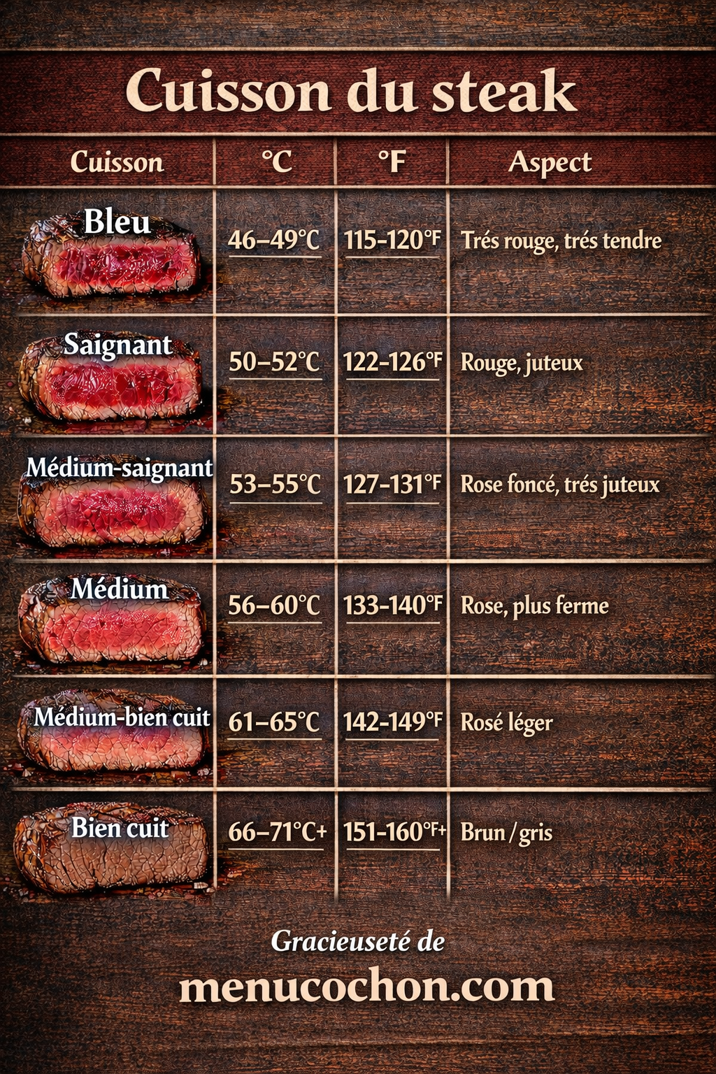 Tableau de cuisson du steak - températures et degrés de cuisson